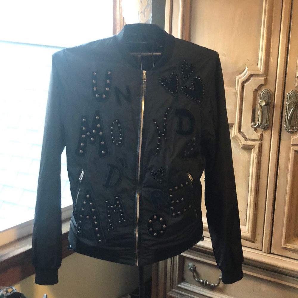 Dolce & Gabana black nylon and leather accent bomber jacket
